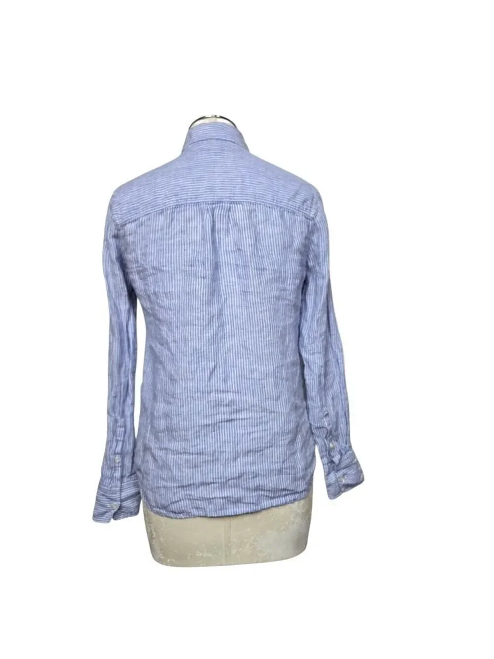 J. Crew Linen Striped Half Button Down Shirt Long Sleeve White Blue 0